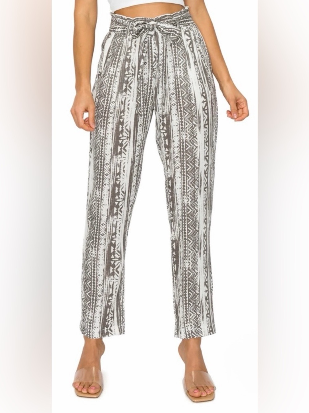 Cali1850 Women's Small Gray & White Print Paper Bag Linen Blend Pants Cali 1850